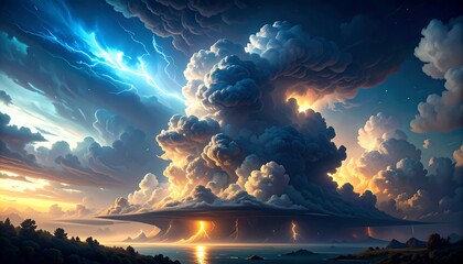 A dramatic depiction of an apocalyptic weather scene with an enormous, illuminated cumulonimbus cloud, lightning, and a calm sea