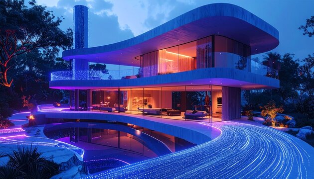 Surreal smart home controlled by AI consciousness, rooms forming fractal patterns, data streams as light ribbons, abstract cyber architecture, deep blue and violet tones” - Powered by Adobe
