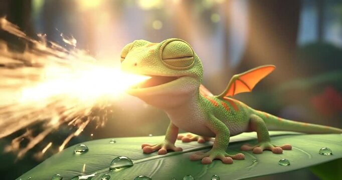 A vibrant green gecko with orange wings sprays water from its mouth on a lush leaf in a forest