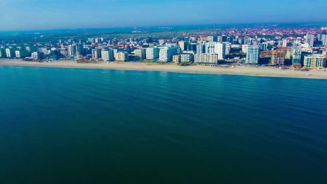Aerial footage of Mamaia Nord beach and resort - Romania