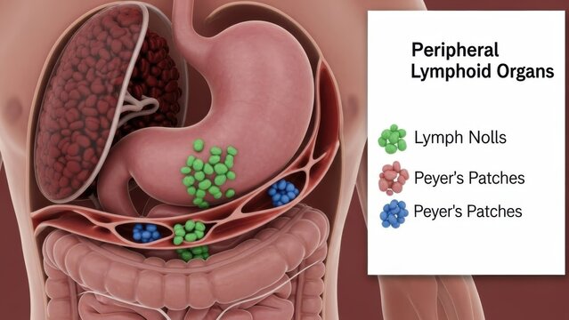 Anatomical 3D illustration presenting human peripheral lymphoid organs and digestive system
