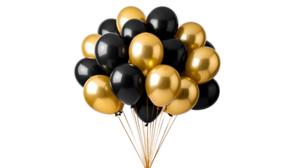 A bouquet of shiny black and gold balloons tied together with golden sticks