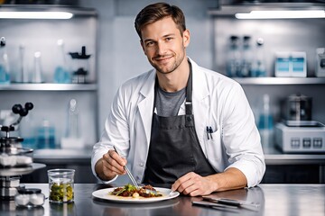 Male culinary expert presenting gourmet dish in modern kitchen laboratory setting showcasing culinary artistry and nutritional sciences with innovative plating techniques