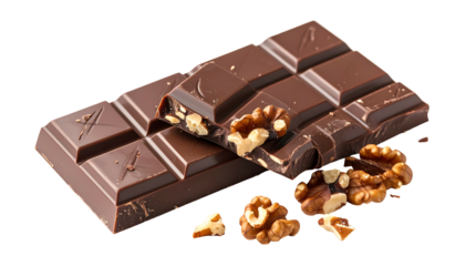 Close-up of a chocolate bar with walnuts, some broken open, isolated on black