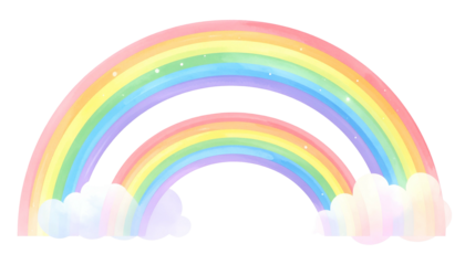 A watercolor-style double rainbow arches across a black background, with fluffy clouds