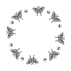 Moth and skull circle frame  black line art illustration