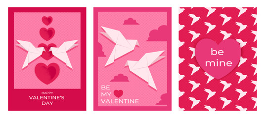 Set of Valentines Day greeting card with paper doves. Love card, cover, template. Vector illustration