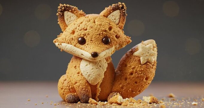 Adorable fox-shaped cookie with a broken tail, set against a blurred background, evoking playfulness