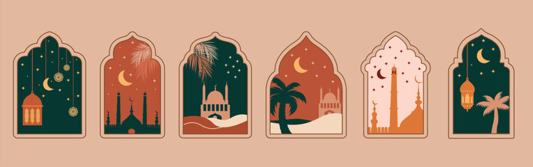 Ramadan Kareem window and lantern backgrounds. Modern Islamic greeting card template and wallpaper design © Makdsgn