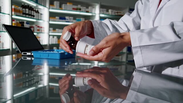 Pharmacist at counter handling medication, laptop open and pill organizer on reflective glass, counting tablets and labeling bottle, pharmacy shelves in background, clinical lighting, calm