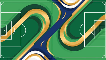 Flat vector background for world cup football poster, abstract football field shapes, dynamic lines, global sports theme, green and gold color palette, minimal modern style, no text, high-quality vect