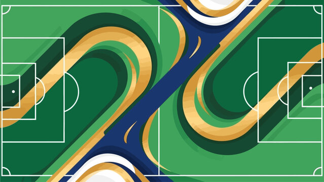 Flat vector background for world cup football poster, abstract football field shapes, dynamic lines, global sports theme, green and gold color palette, minimal modern style, no text, high-quality vect