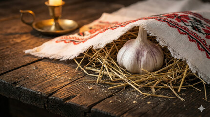 Garlic bulb on hay with embroidered cloth, rustic kitchen still life © Дмитрий Сирота