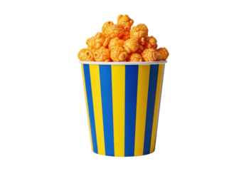 extreme photorealistic medium close-up of a striped blue and yellow bucket overflowing with vibrant orange cheese popcorn, isolated on white with soft light, sharp focus, concept of cinema indulgence