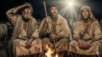 Three shepherds watching the star, nativity inspired cinematic scene