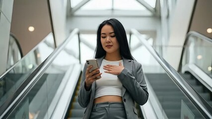 A stylish businesswoman using her smartphone while riding up an escalator in a modern building, representing a career on the move and constant connection