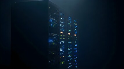 Server rack tower side view in dark room, cybersecurity storage concept, blue led lights, bokeh background, low key lighting
