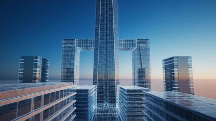 Wireframe 3d rendering of futuristic cityscape with sleek skyscrapers and blue grid lines on buildings under clear sky - Powered by Adobe