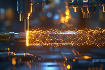 Electric sparks illuminate metallic components in a high-tech manufacturing facility