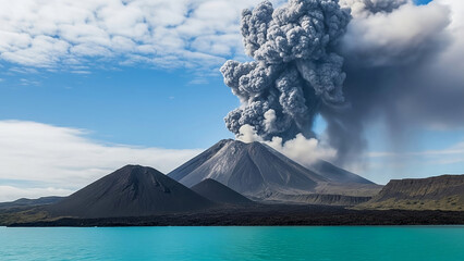 Massive volcanic eruption spewing dark grey ash clouds into a bright blue sky with white clouds over a turquoise ocean and dark volcanic landscape