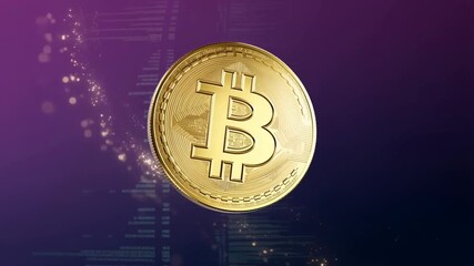 Golden Bitcoin coin rotating 360 degrees with digital code and sparkling particles on purple blue gradient background, crypto finance concept video footage - Powered by Adobe