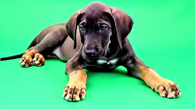 Cute Great Dane puppy portrait on green surface, calm domestic canine animal pet dog resting, adorable with tan paws reflecting contentment and tranquility