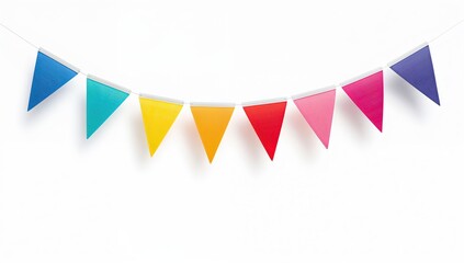 Colorful triangular party bunting flags isolated on white background representing celebration decoration and festive event concept