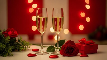 Romantic valentine's day setup with champagne and roses