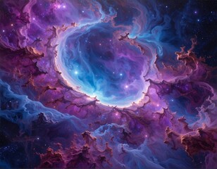 Vivid, swirling nebula with bright blues, purples, and ethereal light