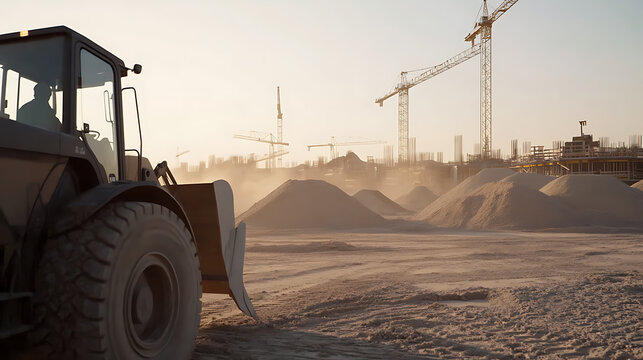 Front loader and construction cranes on the horizon create a scene of progress and industry, a testament to growth and the building of tomorrow's cityscape. - Powered by Adobe