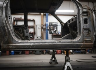 Naklejka premium Vintage Car Body Frame Restoration Process in Automotive Workshop