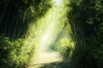 Obraz premium Bamboo forest pathway illuminated by sunlight creates a serene escape in nature