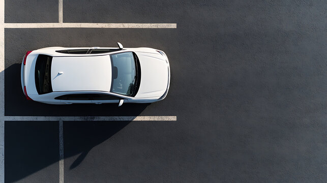Aerial view of a white car parked in a parking spot, neatly between the lines. The stark contrast of colors creates a simple, modern, and uncluttered composition.