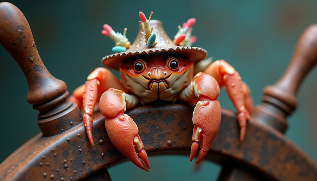Colorful hermit crab wearing a hat and posing on a ship's wheel  