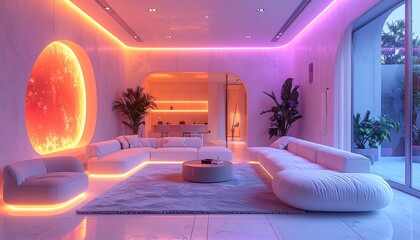 Minimalist abstract future home where furniture dissolves into pixels, adaptive walls reacting to sound and touch, warm pastel neon colors, clean sci-fi aesthetic&rdquo;