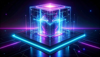 Central artificial intelligence energy core, geometric shapes, holographic layers, glowing data streams, cyber-clean future style, dark background with neon accents.