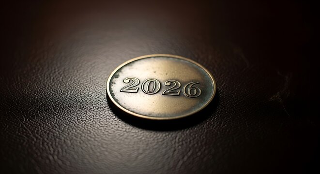 Golden 2026 year coin placed on dark textured background with subtle light