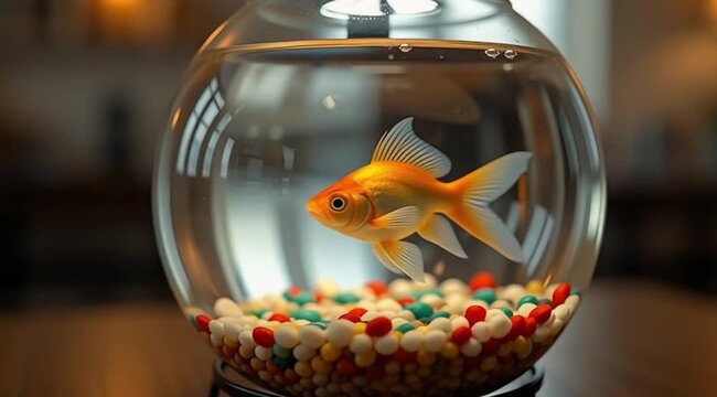 In a round aquarium, a goldfish with algae pebbles without holes with a black stand at the bottom and a brown table stands in a round aquarium in a warm atmosphere in a realistic style. With beads and