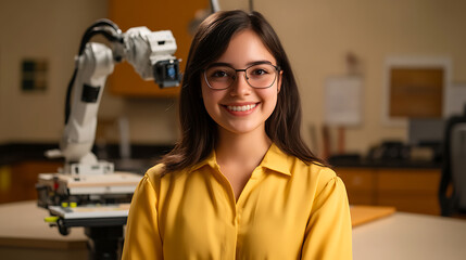 Young woman smiling, wearing glasses and a yellow top, standing near a robot arm in a workshop environment, promoting innovation and advanced technology integration.