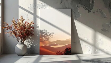 A blank canvas leans against a wall, next to a vase with dried flowers. Sunlight casts shadows in the room