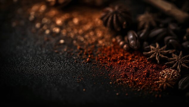 Dark moody spices background featuring star anise and ground spice texture representing culinary flavor richness and gourmet food concept - Powered by Adobe