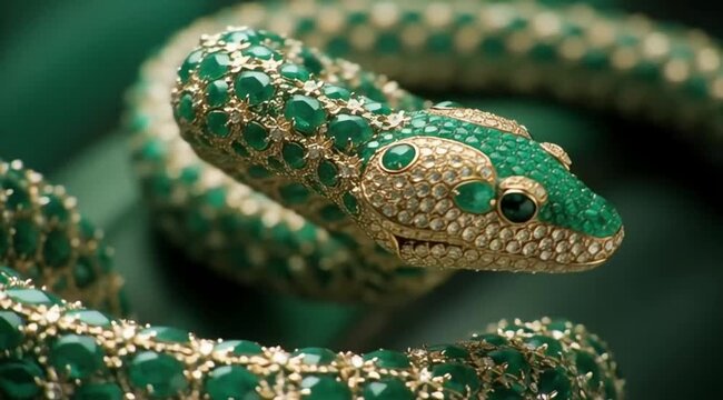 An opulent emerald green snake crafted entirely from intricate jewelry and shimmering gemstones slithers with a smooth, sinuous motion. The snake's body is adorned with dazzling emeralds, diamonds, an