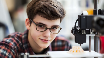Young engineer smiles with his 3D printer. A pioneering young man, with glasses and checkered shirt, is 3D printing a model with a desktop machine in the lab.
