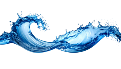A stylized, dynamic depiction of a wave cresting, vibrant blue against a black background