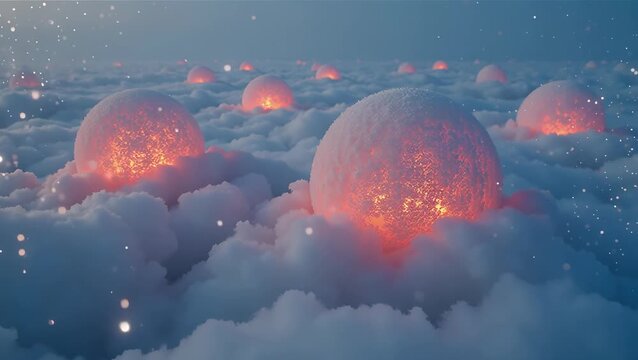 Ethereal Spheres Glowing Among Clouds with Soft Light Effects