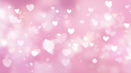 Pink background with white hearts and heart-shaped bokeh effect on pink gradient. Love concept with white space at center.