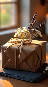 Rustic gift box wrapped in brown craft paper with dried lavender and twine, sitting in warm sunlight with a blurred candle background, perfect for eco-friendly holiday concepts.