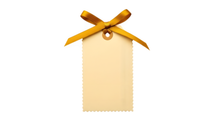 Blank cream gift tag with golden yellow ribbon bow isolated on white background