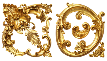 Two ornate golden floral scrollwork elements, isolated on black, with intricate details