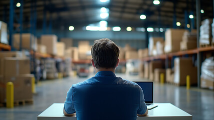A man at a desk with a laptop works inside a big storage facility with lots of boxes. He is overseeing the logistics and making sure that the inventory is properly managed.